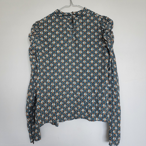 Zara Longsleeve Blouse Shirt Blue Tan Pattern - Picture 7 of 10